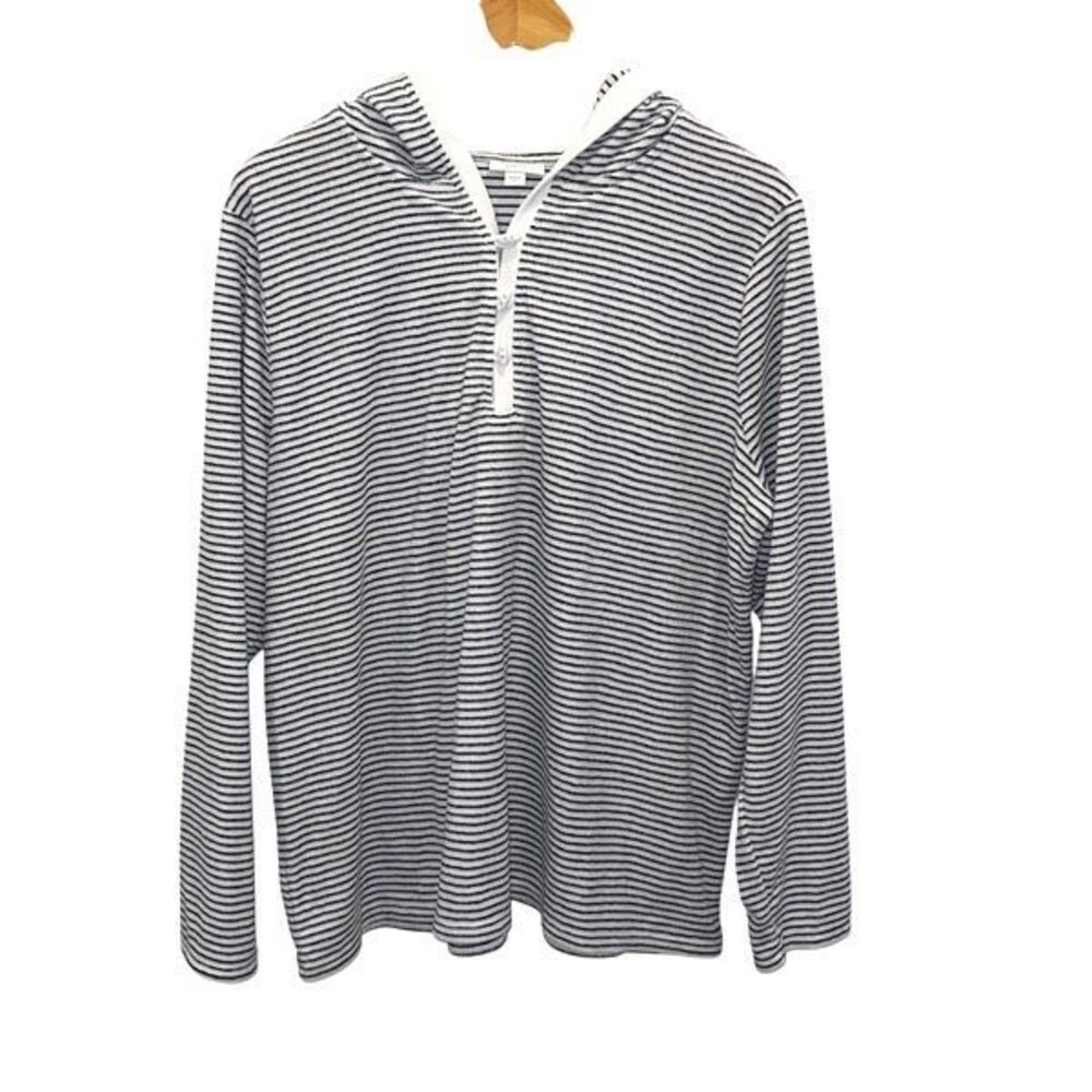 J. Jill Fit Womens‎ Stripe Loop Terry Long Sleeve Hoodie Black White Size XL